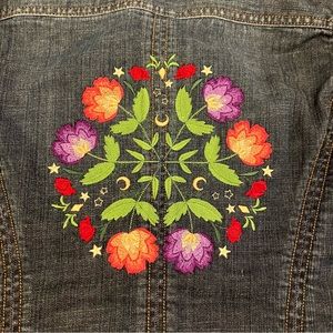Eddie Bauer Dark Denim Jacket with Colorful Floral Embroidery
